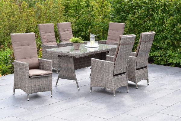 Merxx Valencia Set 13-teilig, 6 Relaxsessel, manuell in 2 Positionen verstellbar, 1 Tisch 150 x 80 cm, aufliegende Glasplatte, grau-beige, 28250-258