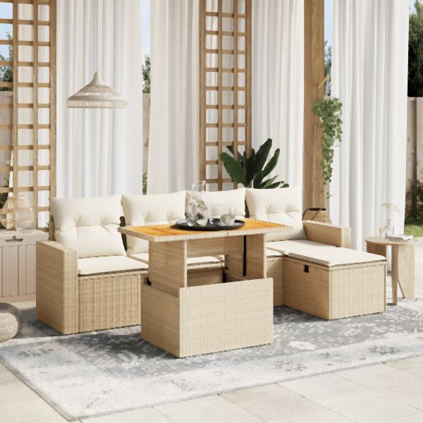 vidaXL 6-tlg. Garten-Sofagarnitur mit Kissen Beige Poly Rattan, 3275585