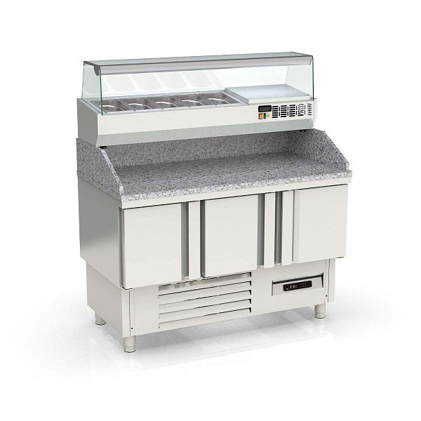 Vaiotec TOPLINE Pizzatisch 700 / 3-fach mit Türen, Granitplatte grau, inkl. Kühlaufsatz, GN 1/4, Breite: 1370 mm, 11613