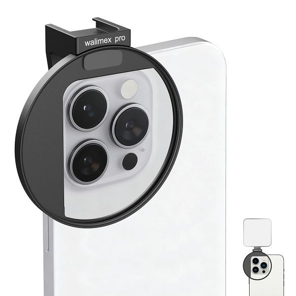 Walimex pro Filterhalter 67 mm für Handykamera, Cold Shoe Mount für LED und Mikrofon, Halterung für Diffusionsfilter, ND Filter, Polfilter, 1023589