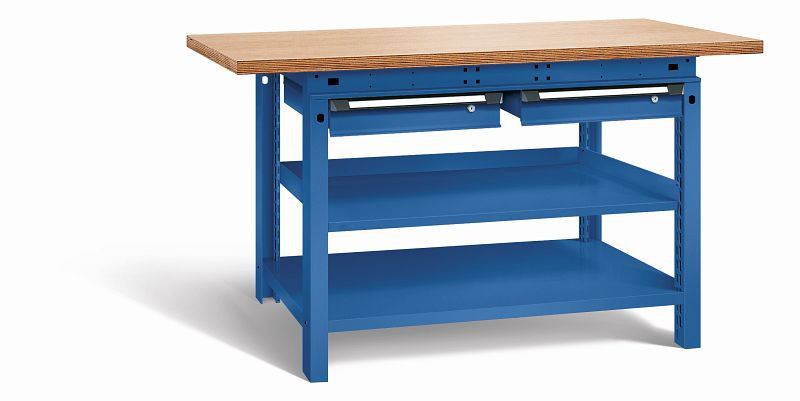 Otto Kind Werkbank Serie function Typ 209, Multiplexplatte 40 mm, überstehend, 2 Schubladen 120 mm, komplett RAL 5010, 072339213