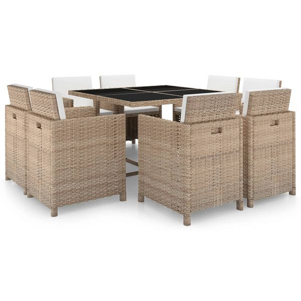 vidaXL 9-teilig Garten-Essgruppe mit Auflagen Poly Rattan Beige, 42545