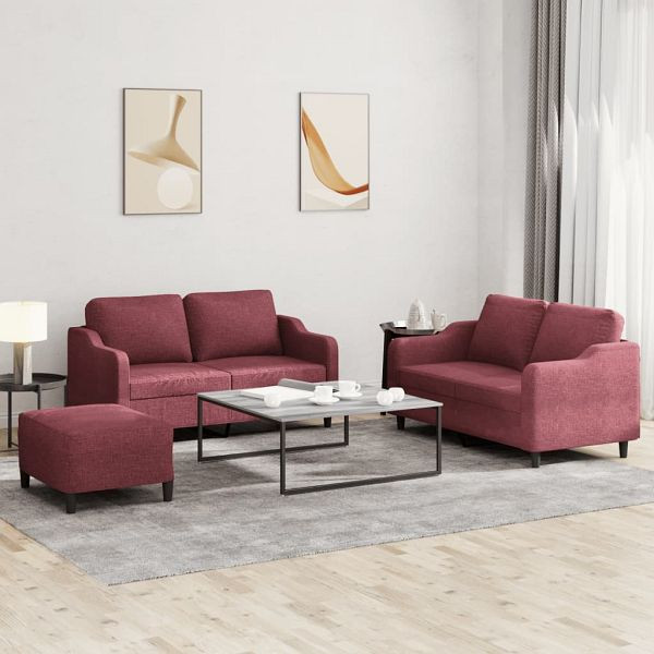 vidaXL 3-teilig Sofagarnitur mit Kissen Weinrot Stoff, 3201816