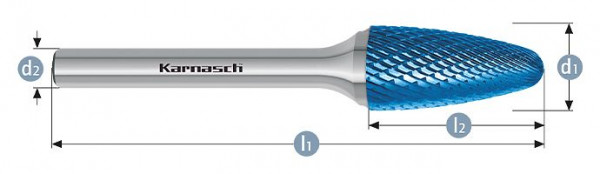 Karnasch Hartmetall-Frässtift Blue-Tec beschichtet RBF/ HP-4 d1=6 / l2=18 / d2=6 / l1=50mm, VE: 3 Stück, 115052030