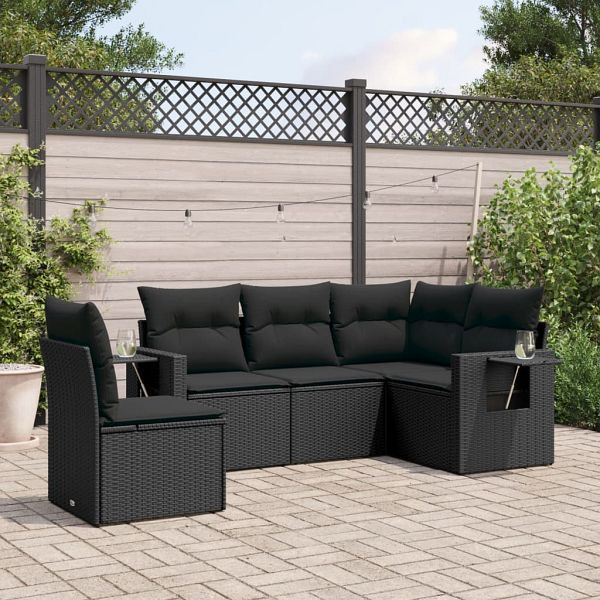 vidaXL 5-teilig Garten-Sofagarnitur mit Kissen Schwarz Poly Rattan, 3252502