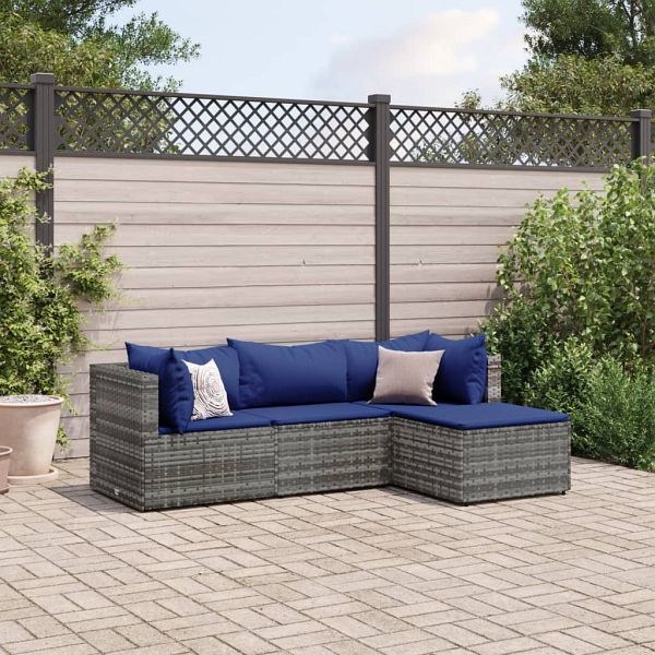 vidaXL 4-teilig Garten-Lounge-Set mit Kissen Grau Poly Rattan, 3308055