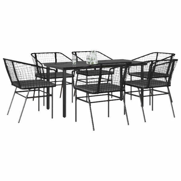vidaXL 7-teilig Garten-Essgruppe mit Kissen Schwarz Poly Rattan Glas, 3334601