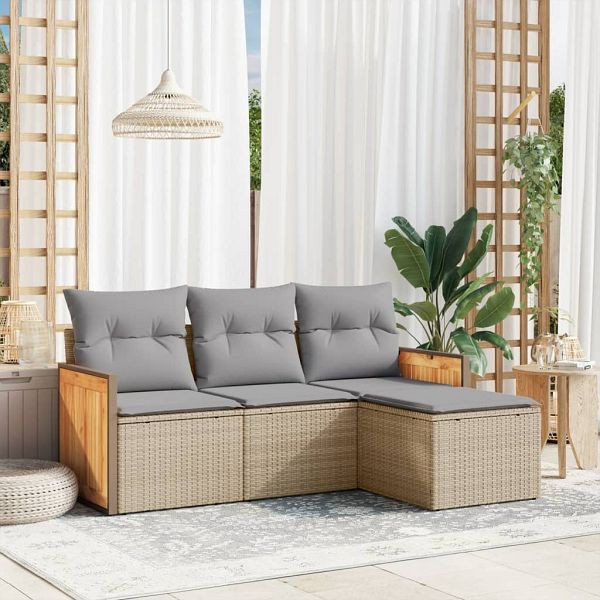 vidaXL 4-teilig Garten-Sofagarnitur mit Kissen Beige Poly Rattan, 3227585