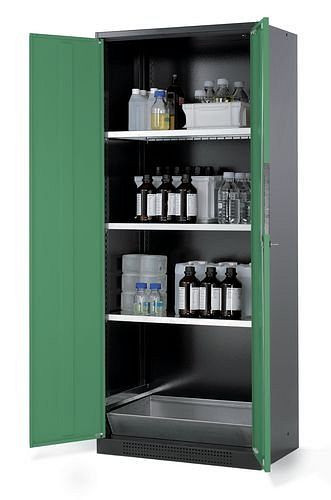 asecos Chemikalienschrank Systema CS-83, Korpus anthrazit, grün, 3 Einlegeböden und Bodenwanne, 202594