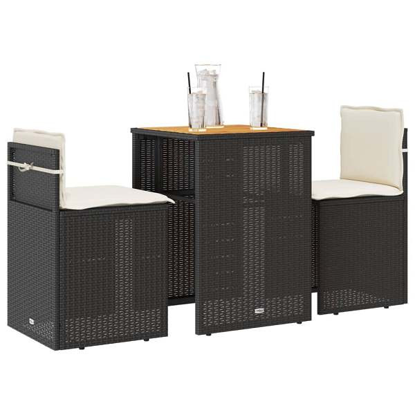 vidaXL 3-tlg. Bistro-Set mit Kissen Schwarz Poly Rattan, UV-beständig, 4003875