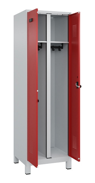 C+P Schwarz-Weiß-Spind Evolo PLUS, mit Füßen, 2 Abteile, 1950x600x500mm, 7035/3, Frontfarbe RAL 3000 feuerrot, Drehriegel, 049012-20 S10003