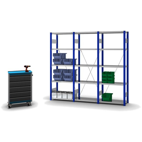 hofe Anbauregal, zerlegt, 5 Böden 2000 x 300 x 750 mm, verzinkt Stützprofile - enzianblau/RAL 5010, HEA203007XL
