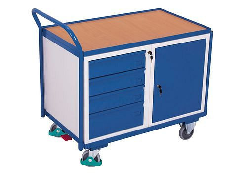 DENIOS classic-line Werkstattwagen mit 1 Ladefläche, Flügeltür und 4 Schubladen, 1125 x 625 x 1010 mm, 271539