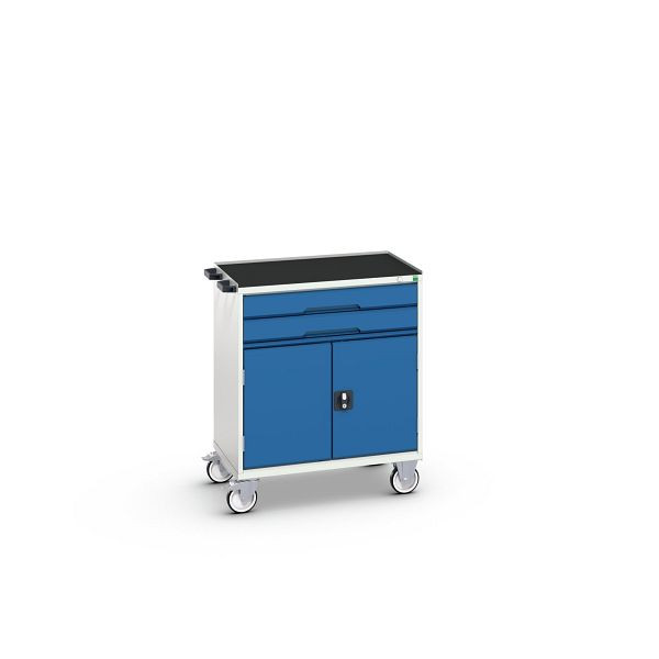 bott verso mobiler Schubladenschrank, mit 2 Schubaden, Tür und Abrollrand, BxTxH: 800 x 550 x 965 mm, Lichtgrau / Enzianblau, 16927011.11