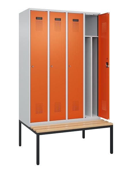 C+P Spind Evolo PLUS, 4 Abteile, 2120x1200x815mm, 7035/2004, Haken 4, Zylinderschloss, Sitzfläche Buche-Hartholz, Sitzbank, 0490507-40F S10029