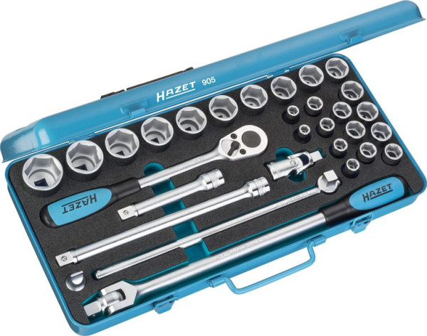 Hazet Steckschlüssel Satz, Vierkant hohl 12,5 mm (1/2 Zoll), Außen-Sechskant-Tractionsprofil, Anzahl Werkzeuge: 30, 905