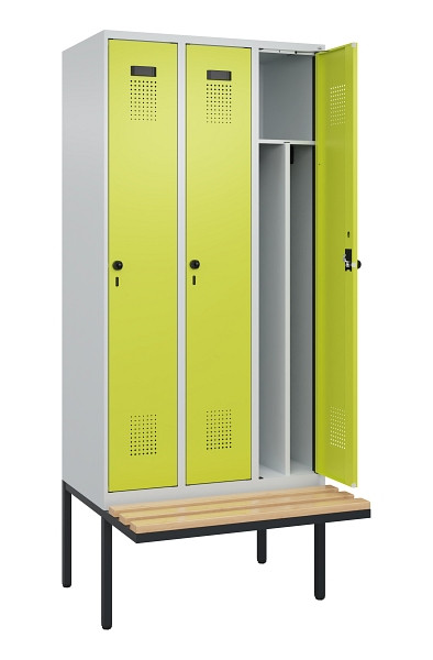 C+P Spind Evolo PLUS, 3 Abteile, 2120x900x815mm, 7035/0024, Haken 4, Drehriegel, Sitzfläche Holz, 0490407-30F S10015