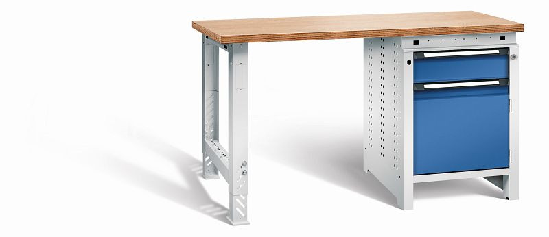 Otto Kind Werkbank function Typ 204, überstehende Multiplex-Arbeitsplatte, 1 Fußgestell, 1 Unterbau, Gehäuse RAL 7035, Front RAL 5010, 072190086