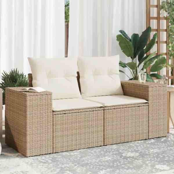 vidaXL Gartensofa mit Kissen 2-Sitzer Beige Poly Rattan, UV-beständig, 366063