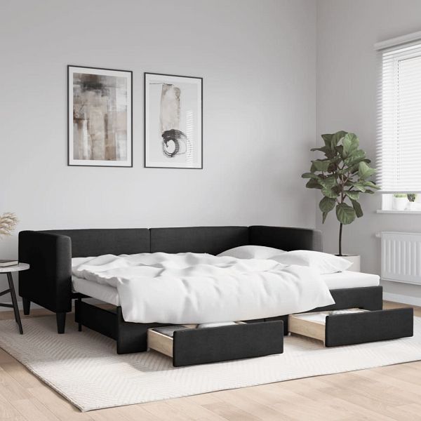 vidaXL Tagesbett Ausziehbar mit Schubladen Schwarz 90x190 cm Stoff, 3196626