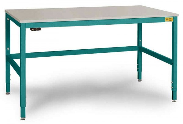 Manuflex ESD-Arbeitstisch CANTOLAB Spezial mit Kunststoffplatte, BxTxH = 1250 x 800 x 758-958 mm, Wasserblau, LC3036.5021