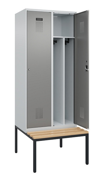 C+P Spind Evolo PLUS, 2 Abteile, 2120x800x815mm, 7035/0004, Haken 4, Zylinderschloss, Sitzfläche Buche-Hartholz, Sitzbank, Trennwand, 0490507-22F S10041