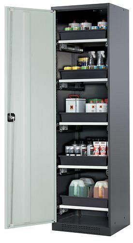 asecos Chemikalienschrank Systema-T CS-55L, Korpus anthrazit, Flügeltüren grau, 5 Tablarauszüge, 208947