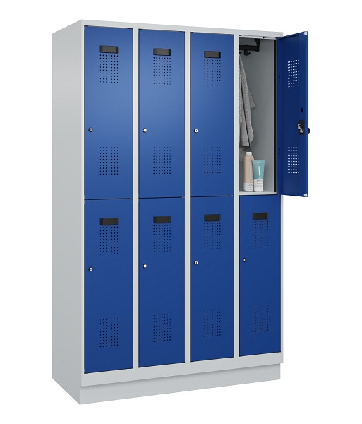 C+P Doppelstöckiger Spind Evolo PLUS, mit Sockel, 8 Fächer, 1950x1200x500mm, 703, Frontfarbe RAL 5010 Enzianblau, Zylinderschloss, 049320-40 S10033