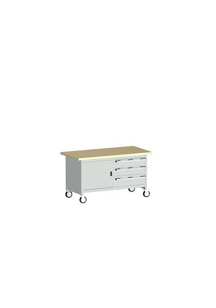bott cubio Kastenwerkbank mobil 3 Schubladen Tür, Ablage, Multiplex-Arbeitsplatte BxTxH: 1500 x 750 x 840 mm, RAL 7035, 41002100.16V