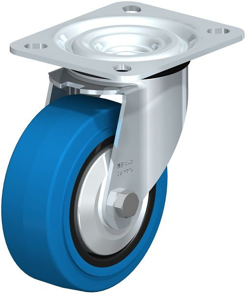 Blickle L-POEV 100KD-SB-FA Stahlblech-Lenkrolle, mittelschwere Ausführung, mit Anschraubplatte, Elastik-Vollgummi, Blau, 850531