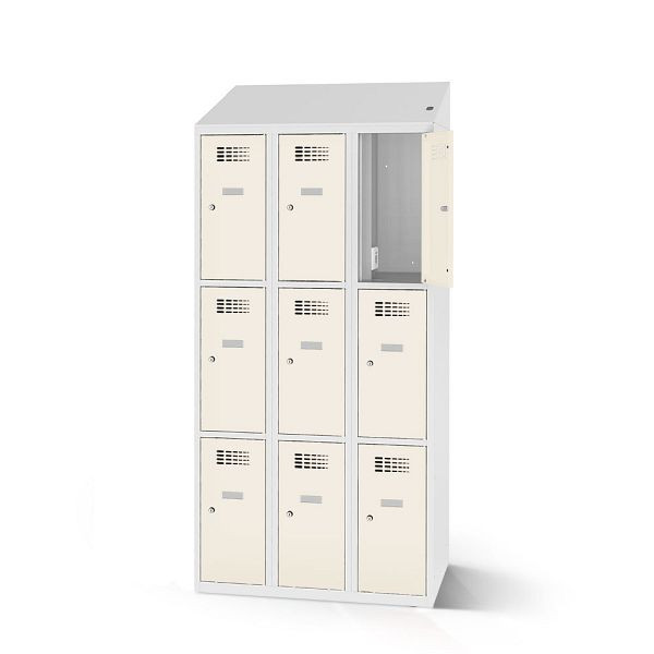 Rotstahl Fächerschrank, 9 Fächer, Stollenfüße, mit Ladefunktion, Schrägdach, Korpus: lichtgrau, Türen: reinweiß, 2180-030300-0902112-7035-9010
