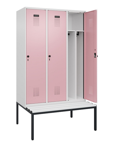 C+P Spind Evolo PLUS, 3 Abteile, 2120x1200x815mm, 9016/3015, Haken 4, Drehriegel, Sitzfläche Kunststoff, Sitzbank, Trennwand, 0490507-32F S10072