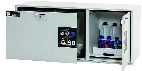 asecos Kombi-Sicherheitsschrank K-UB-90, K90.060.140.050.UB.ST in lichtgrau RAL 7035 mit 1x Schubladenwanne STAWA-R (Stahlblech), 30370-001-30371