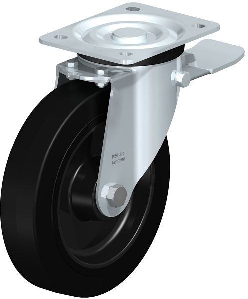 Blickle L-POEV 200R-ST Stahlblech-Lenkrolle, mittelschwere Ausführung, mit Anschraubplatte & Feststeller, Elastik-Vollgummi, Schwarz, 50823