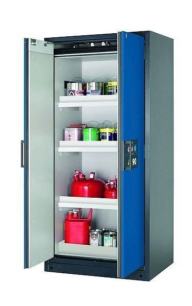 asecos Sicherheitsschrank Q-CLASSIC-90, Q90.195.090 in enzianblau RAL 5010 mit 3x Wannenboden Standard (Polypropylen), 30041-047-30051