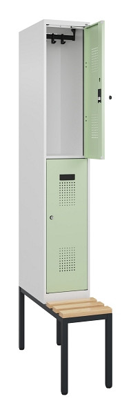 C+P Doppelstock-Spind Evolo PLUS, Bank, 2 Fächer, 2120x300x815mm, 9016/6019, Zylinderschloss, Sitzfläche Buche-Hartholz, Sitzbank, 0493507-10 S10046