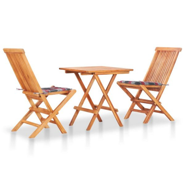 vidaXL 3-teilig Bistro-Set mit Kissen Rot Karomuster Massivholz Teak, 3063238