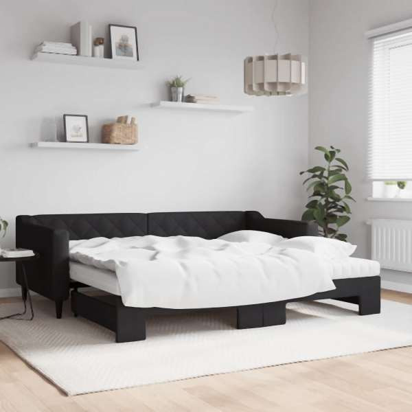 vidaXL Tagesbett Ausziehbar mit Matratzen Schwarz 90x200 cm Stoff, 3197446