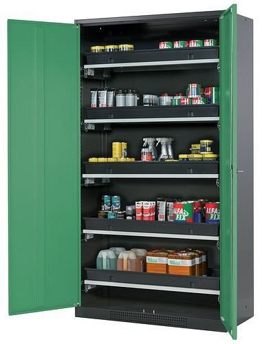 asecos Chemikalienschrank Systema-T CS-105, Korpus anthrazit, Flügeltüren grün, 5 Tablarauszüge, 208978