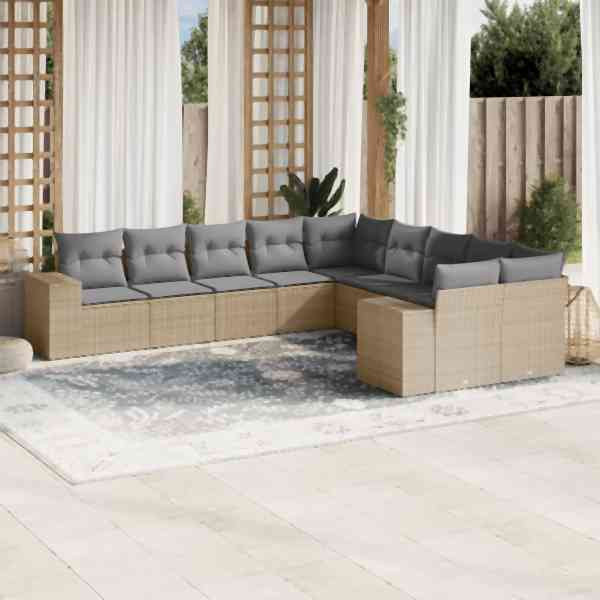 vidaXL 10-tlg. Garten-Sofagarnitur mit Kissen Beige Poly Rattan, UV-beständig, 3255446