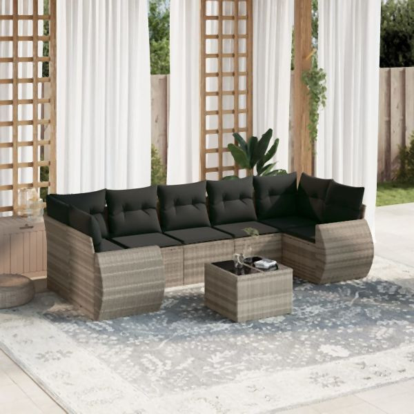 vidaXL 8-tlg. Garten-Sofagarnitur mit Kissen Hellgrau Poly Rattan, 3221141