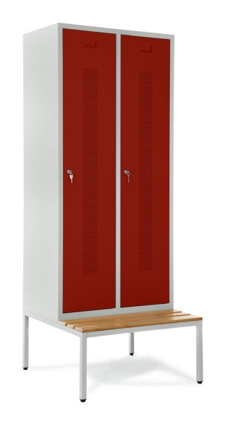 Deskin Garderobenspind SYSTEM SP1 mit Sitzbank, Korpus Lichtgrau, Türen Rubinrot, H 2050 x B 800 x T 800 mm, Zylinderschloss, 330793