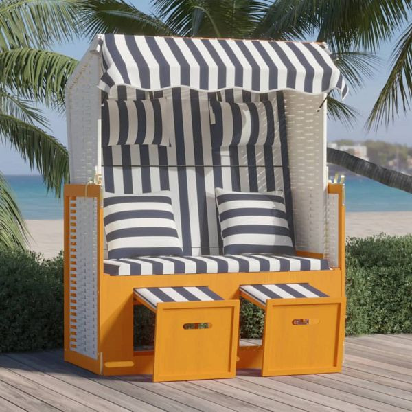 vidaXL Strandkorb mit Kissen Poly Rattan & Massivholz Weiß & Blau, 318664