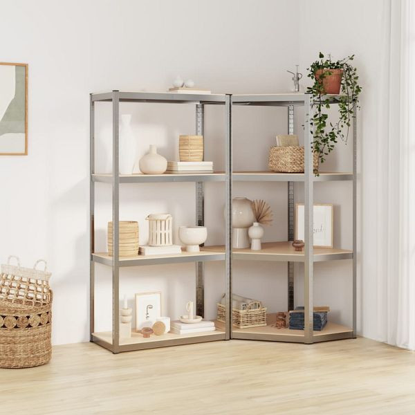 vidaXL Regale mit 4 Böden 2 Stück Silbern Stahl & Holzwerkstoff, 3154143