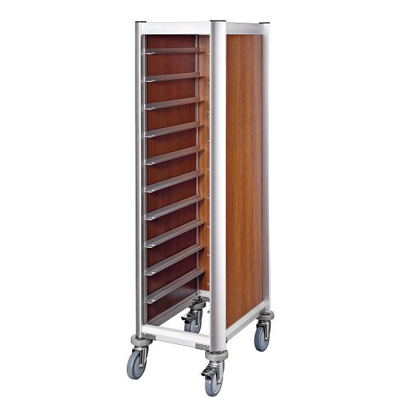 WAS Trolley Mensa Tablettwagen für 10 Tabletts, 51,5 x 47,5 x 165, cm, dunkle Holzoptik, Alu-Profile/MDF, 1955452