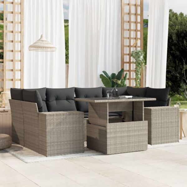 vidaXL 7-tlg. Garten-Sofagarnitur mit Kissen Hellgrau Poly Rattan, 3269022