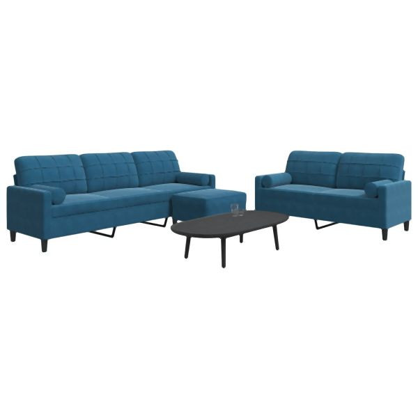 vidaXL 3-teilig Sofagarnitur mit Kissen und Nackenrollen Blau Samt, 3278510