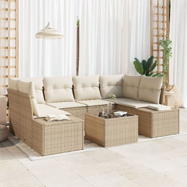 vidaXL 7-teiliges Garten Sofa Set mit Kissen Beige Poly Rattan, 3355630