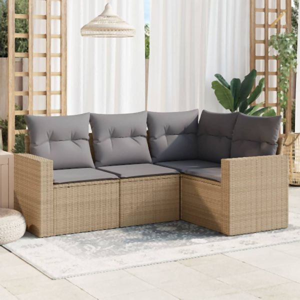 vidaXL 4-tlg. Garten-Sofagarnitur mit Kissen Beige Poly Rattan, 3251246