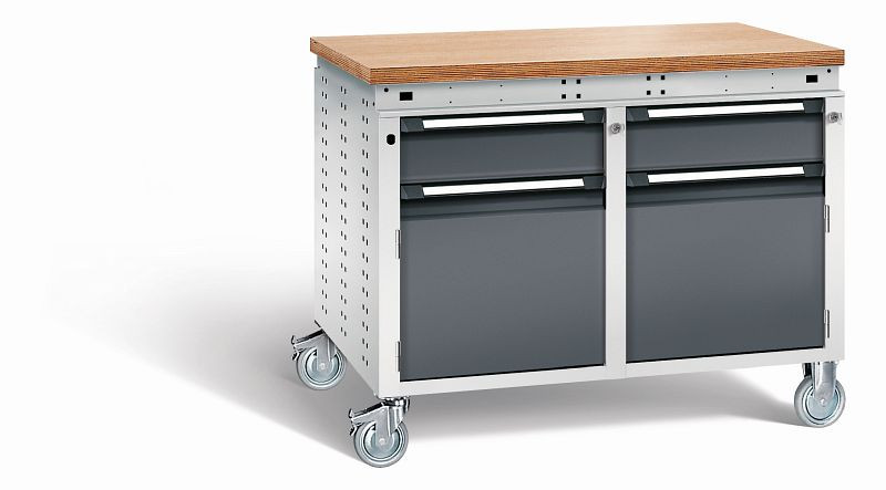 Otto Kind Werkbank Serie function Typ 251 fahrbar, Multiplexplatte 40 mm, bündig, 2x Unterbau, Gehäuse RAL 7035, Front RAL 7016, 072382149
